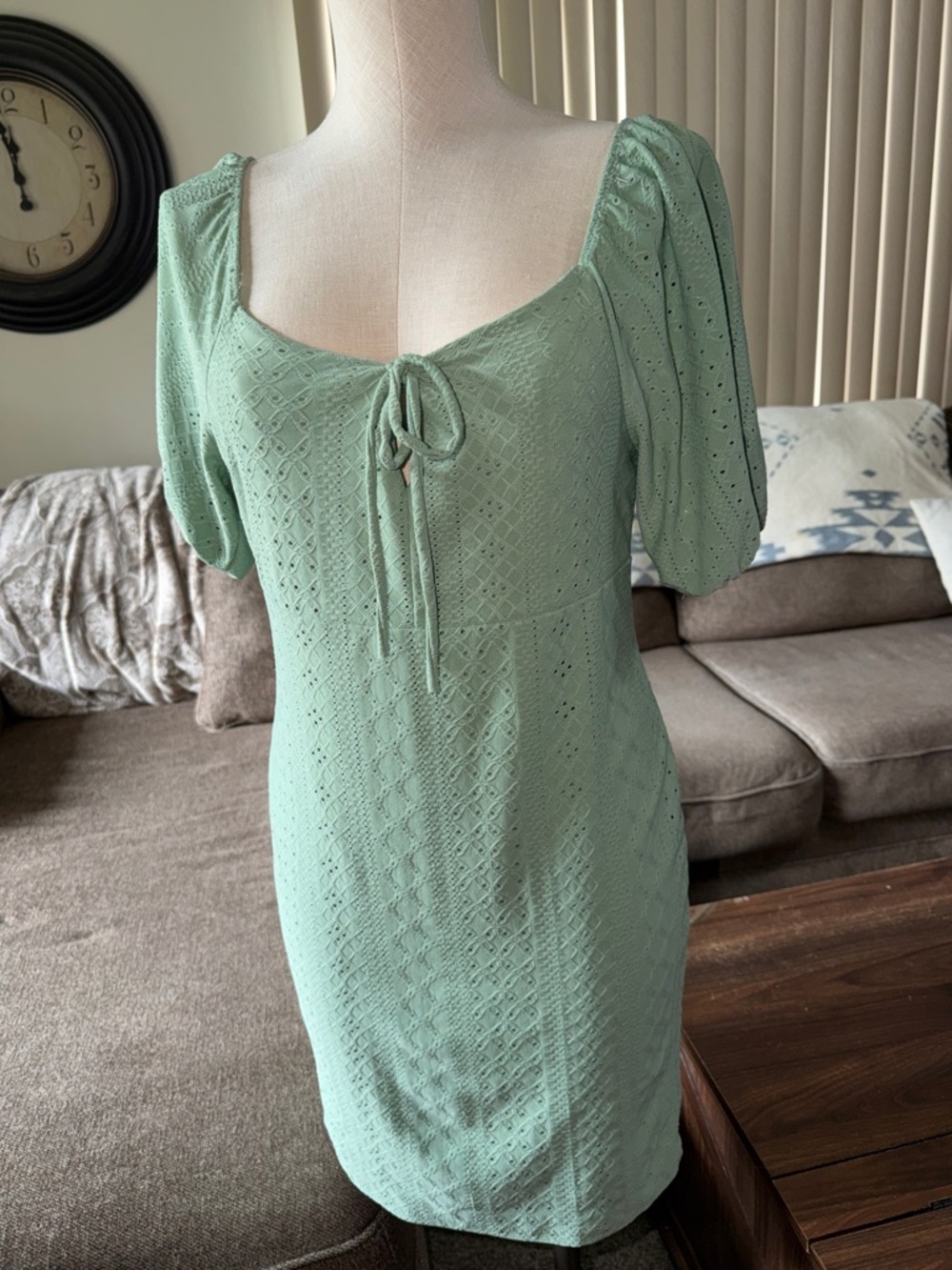 Vibe mint green eyelet mini dress sportswear Puff Sleeves sweetheart neckline L